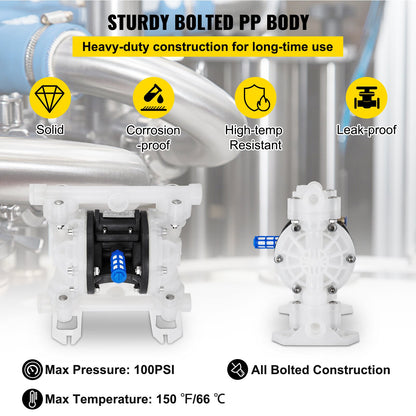Air Double Diaphragm Pump 7GPM 100PSI Polypropylene Diaphragm Water Pump with 1.3 cm Inlet & Outlet Ports Air Pump Diaphragm 6900.7 cm Max Head Air-operated Diaphragm Pump with Sealed Ball Valve
