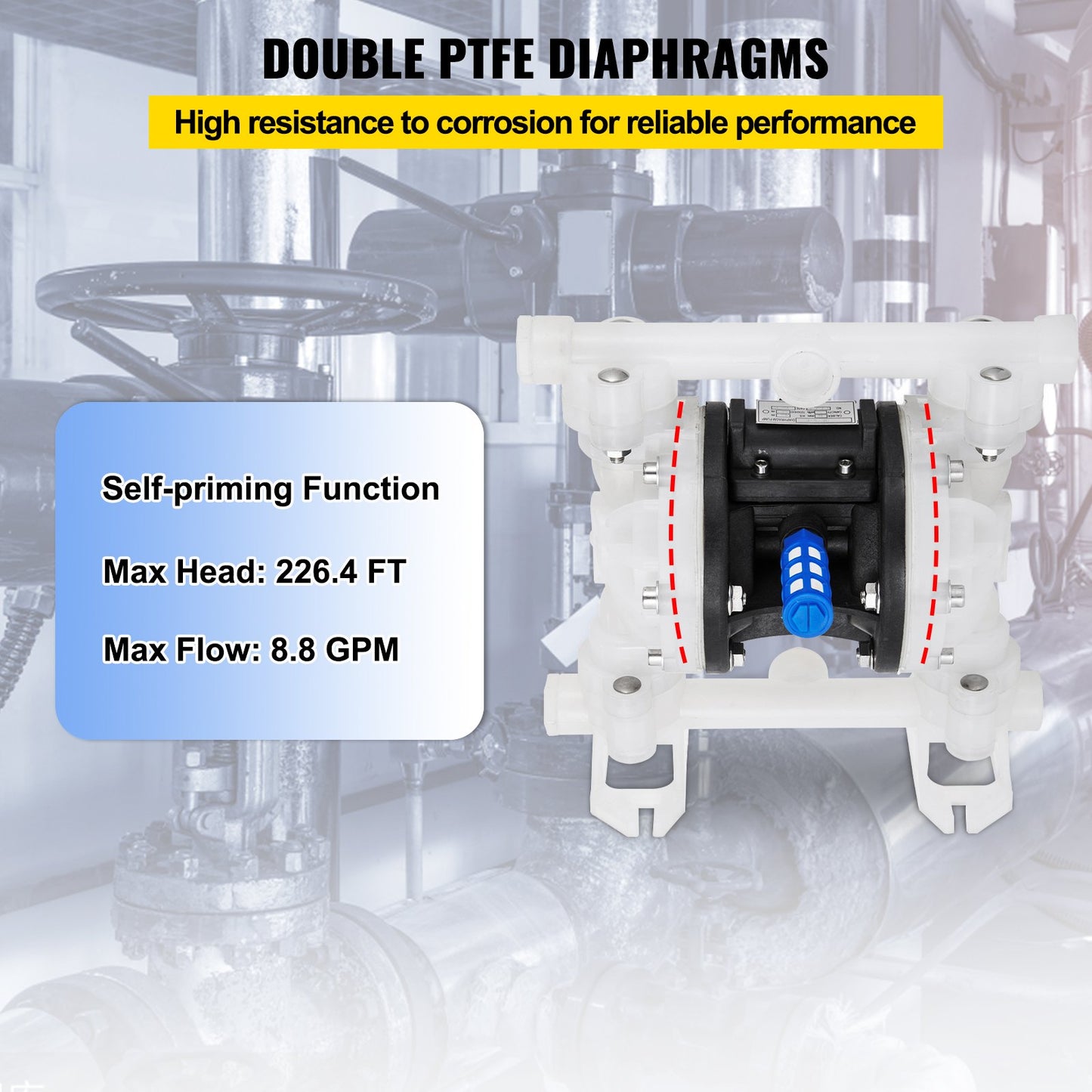 Air Double Diaphragm Pump 7GPM 100PSI Polypropylene Diaphragm Water Pump with 1.3 cm Inlet & Outlet Ports Air Pump Diaphragm 6900.7 cm Max Head Air-operated Diaphragm Pump with Sealed Ball Valve