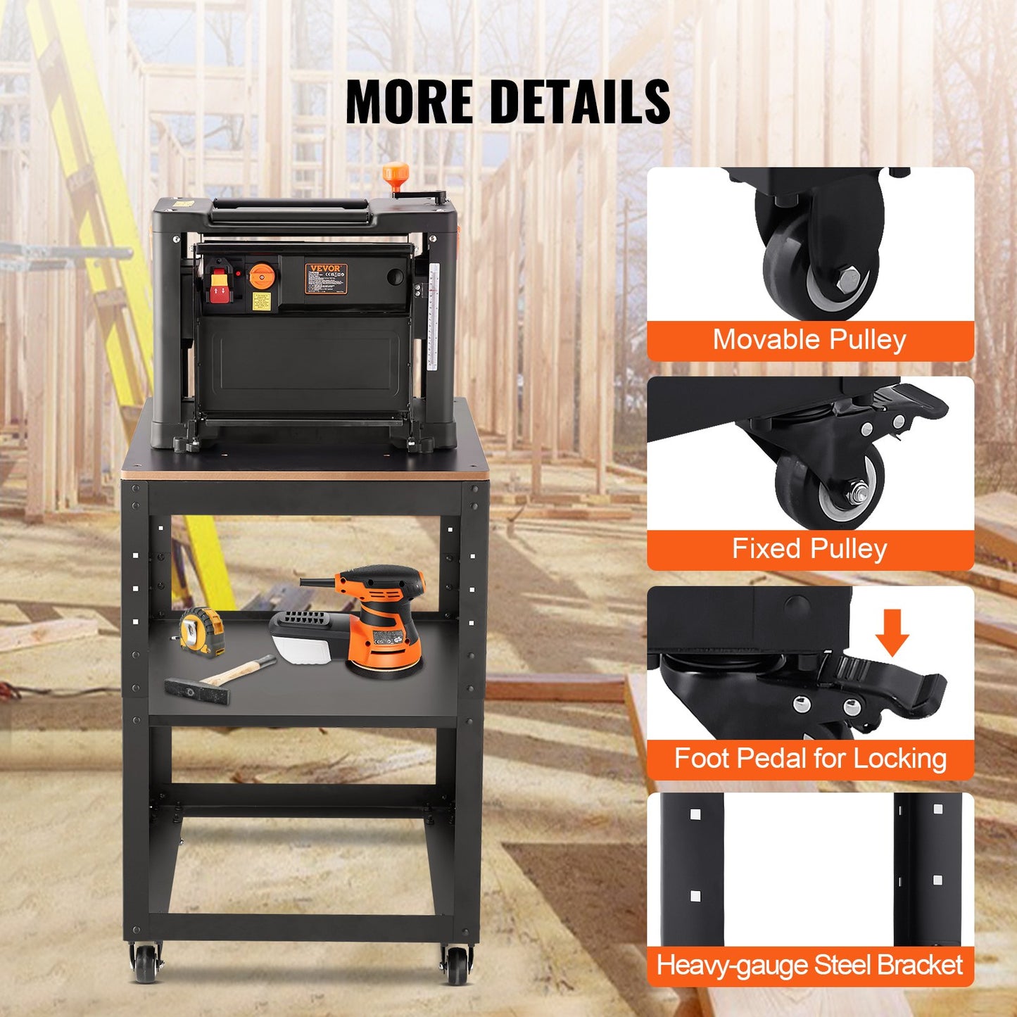 Planer Stand, 100 lbs/ 45 kg heavy loads, Three-Gear Height Adjustable thickness planer table,with 4 Stable Casters & Storage Space, for most planers, saws, bench-top machines, power tools