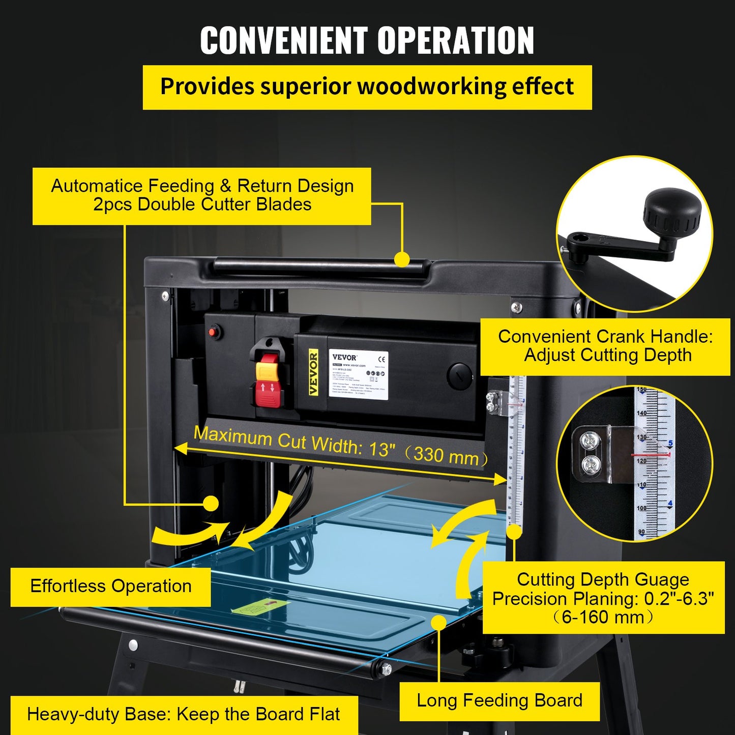Thickness Planer 330 mm(13-Inch) Benchtop Planer 2000W Wood Planer 8000 rpm Woodworking Planer 10 AMP Wood Planer Foldable 6m/min Planing Speed with Iron Stand Dust Exhaust for Woodworking Wooden Plank