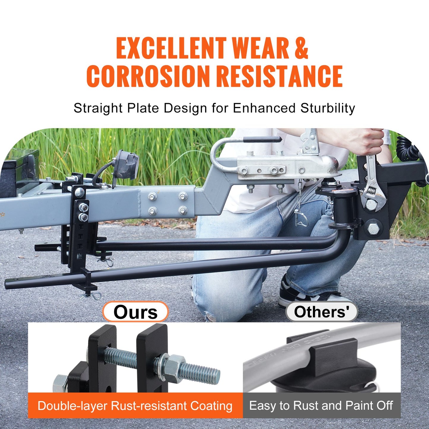 Viktfördelningsdrag, 1 000 lbs viktfördelande dragkroksats med krängningskontroll för släpvagn, 2-tums massivt stålskaft, 2-5/16 tum legerat stålkula, pulverlackerad lastutjämnande dragkrok, svart