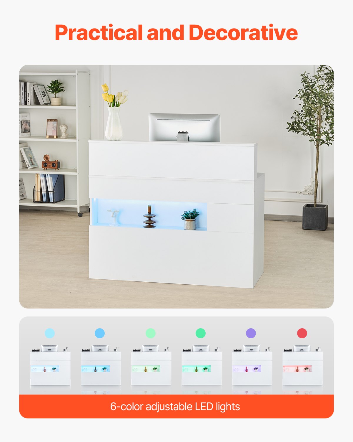 Reception Desk, 47.24 x 18.7 x 39.37 in Rectangular Front Counter Table, Office Reception Desk with LED Light, 2 Drawers and Power Outlets, for Checkout, Lobby, Beauty Salon and Office, White