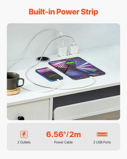 Reception Desk, 47.24 x 18.7 x 39.37 in Rectangular Front Counter Table, Office Reception Desk with LED Light, 2 Drawers and Power Outlets, for Checkout, Lobby, Beauty Salon and Office, White