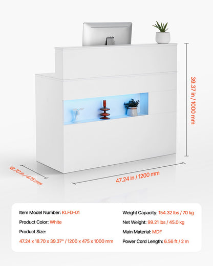 Reception Desk, 47.24 x 18.7 x 39.37 in Rectangular Front Counter Table, Office Reception Desk with LED Light, 2 Drawers and Power Outlets, for Checkout, Lobby, Beauty Salon and Office, White