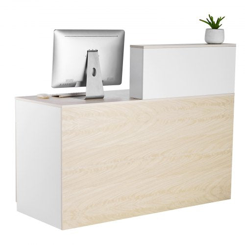 Reception Desk, 55.12 x 23.62 x 43.31 in Rectangular Front Counter Table, Office Reception Counter with Lockable Drawer and Storage Cabinet, for Checkout, Lobby, Beauty Salon and Office, Wood