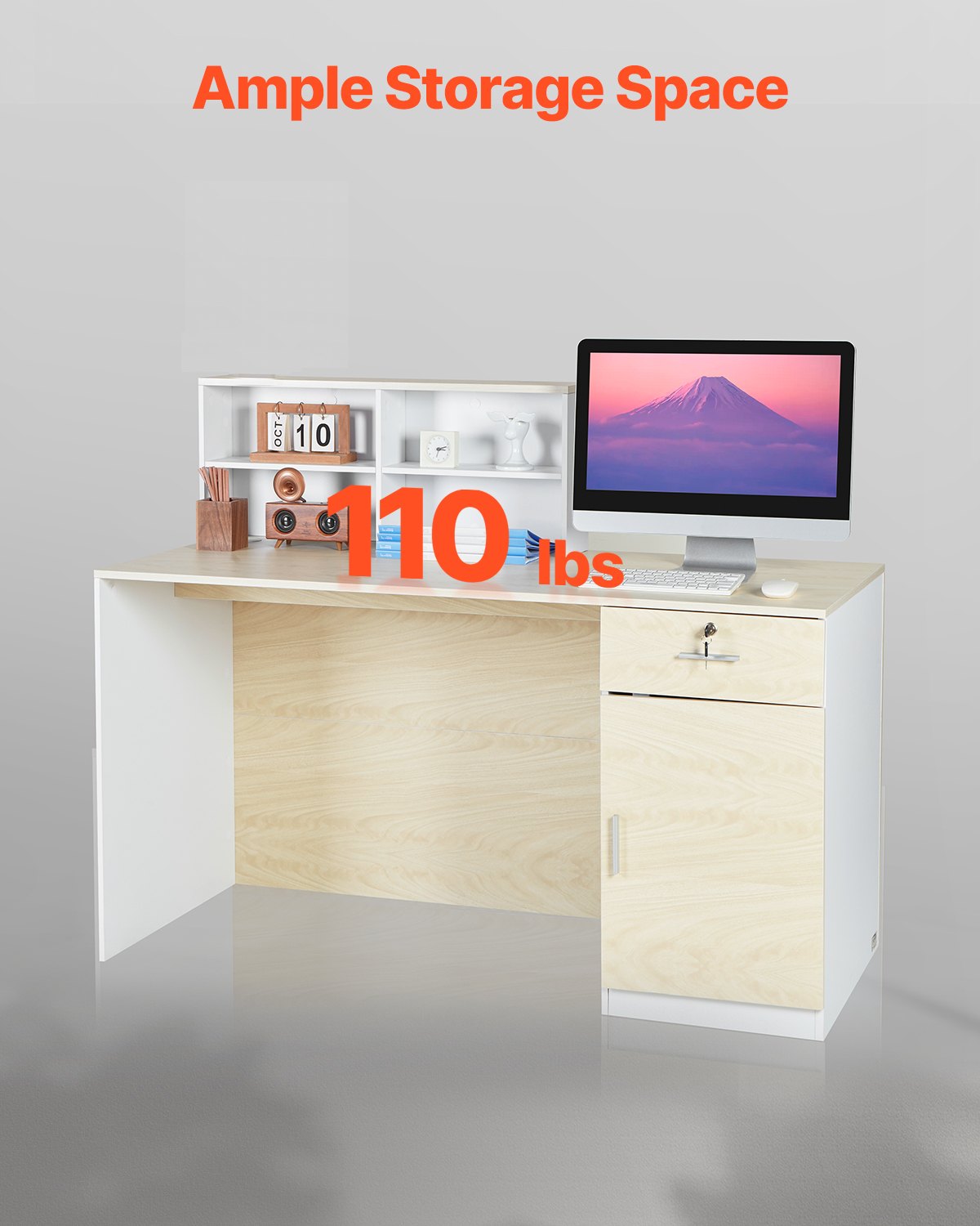 Reception Desk, 55.12 x 23.62 x 43.31 in Rectangular Front Counter Table, Office Reception Counter with Lockable Drawer and Storage Cabinet, for Checkout, Lobby, Beauty Salon and Office, Wood