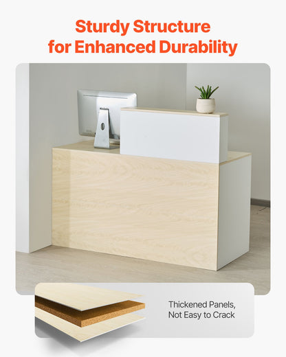 Reception Desk, 55.12 x 23.62 x 43.31 in Rectangular Front Counter Table, Office Reception Counter with Lockable Drawer and Storage Cabinet, for Checkout, Lobby, Beauty Salon and Office, Wood