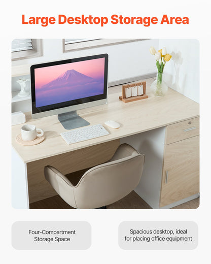 Reception Desk, 55.12 x 23.62 x 43.31 in Rectangular Front Counter Table, Office Reception Counter with Lockable Drawer and Storage Cabinet, for Checkout, Lobby, Beauty Salon and Office, Wood