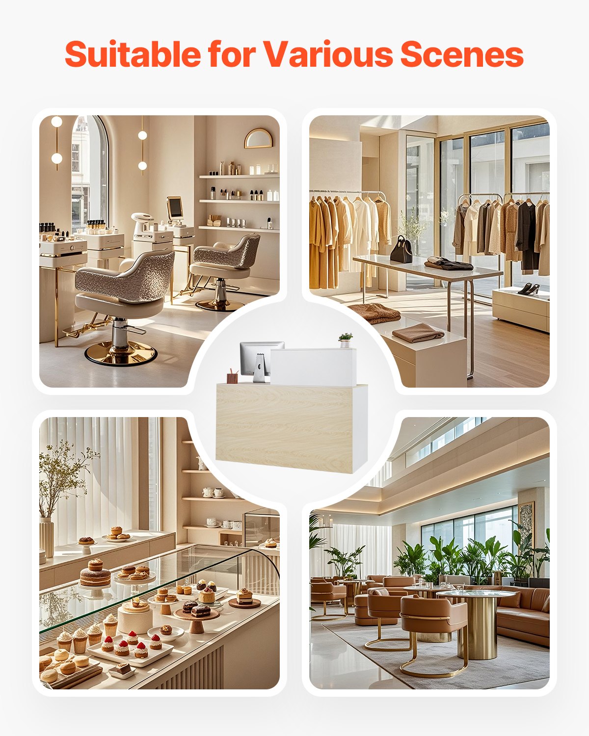 Reception Desk, 55.12 x 23.62 x 43.31 in Rectangular Front Counter Table, Office Reception Counter with Lockable Drawer and Storage Cabinet, for Checkout, Lobby, Beauty Salon and Office, Wood