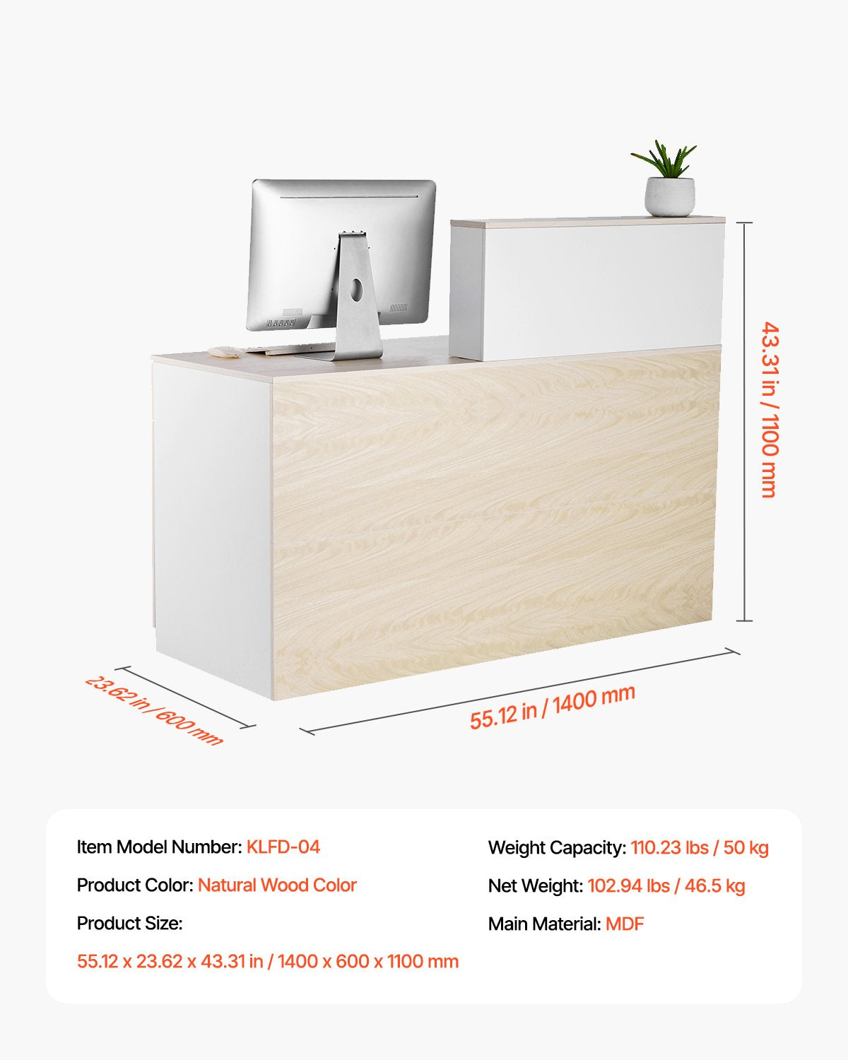 Reception Desk, 55.12 x 23.62 x 43.31 in Rectangular Front Counter Table, Office Reception Counter with Lockable Drawer and Storage Cabinet, for Checkout, Lobby, Beauty Salon and Office, Wood