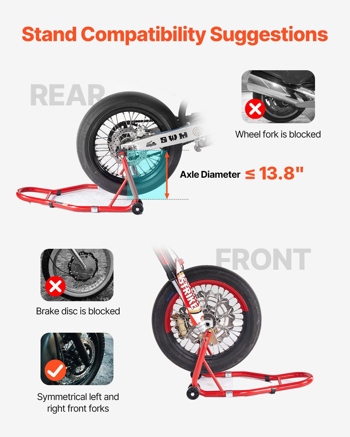 Motorcykelstödslyft, 850lbs kapacitet fram och bak kombinerad stödslyft, framhjulsstöd med dubbelgaffel, bakre U+V gaffelsvingarmsstöd, för de flesta Yamaha Honda Kawasaki Suzuki motorcyklar, röd