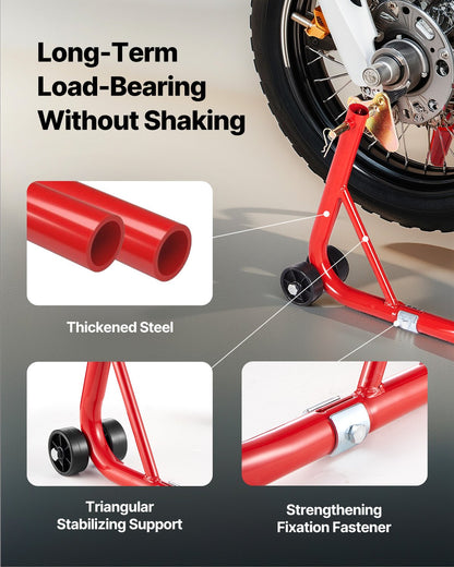 Motorcykelstödslyft, 850lbs kapacitet fram och bak kombinerad stödslyft, framhjulsstöd med dubbelgaffel, bakre U+V gaffelsvingarmsstöd, för de flesta Yamaha Honda Kawasaki Suzuki motorcyklar, röd