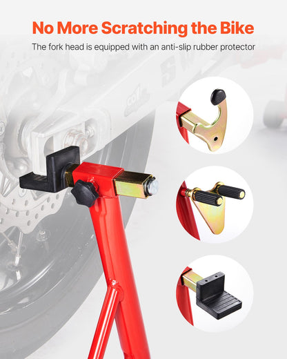 Motorcykelstödslyft, 850lbs kapacitet fram och bak kombinerad stödslyft, framhjulsstöd med dubbelgaffel, bakre U+V gaffelsvingarmsstöd, för de flesta Yamaha Honda Kawasaki Suzuki motorcyklar, röd