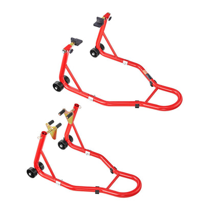 Motorcykelstödslyft, 850lbs kapacitet fram och bak kombinerad stödslyft, framhjulsstöd med dubbelgaffel, bakre U+V gaffelsvingarmsstöd, för de flesta Yamaha Honda Kawasaki Suzuki motorcyklar, röd