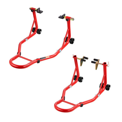 Motorcykelstödslyft, 850lbs kapacitet fram och bak kombinerad stödslyft, framhjulsstöd med dubbelgaffel, bakre U+V gaffelsvingarmsstöd, för de flesta Yamaha Honda Kawasaki Suzuki motorcyklar, röd