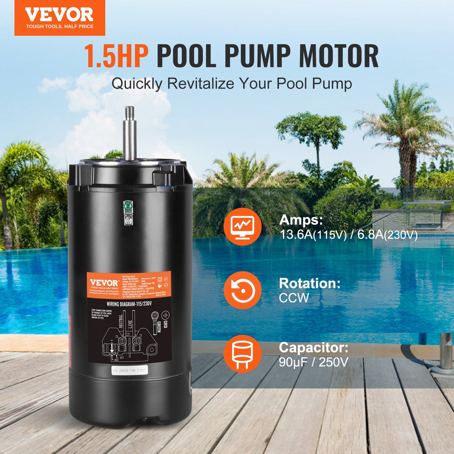 1.5 HP Pool Pump Motor, 56J Frame, 115V(13.6 Amps)/230V(6.8 Amps) 3450 RPM, 60Hz, 1.3 Service Factor, 90μF/250V Capacitor, CCW Rotation Round Flange Replacement Motor
