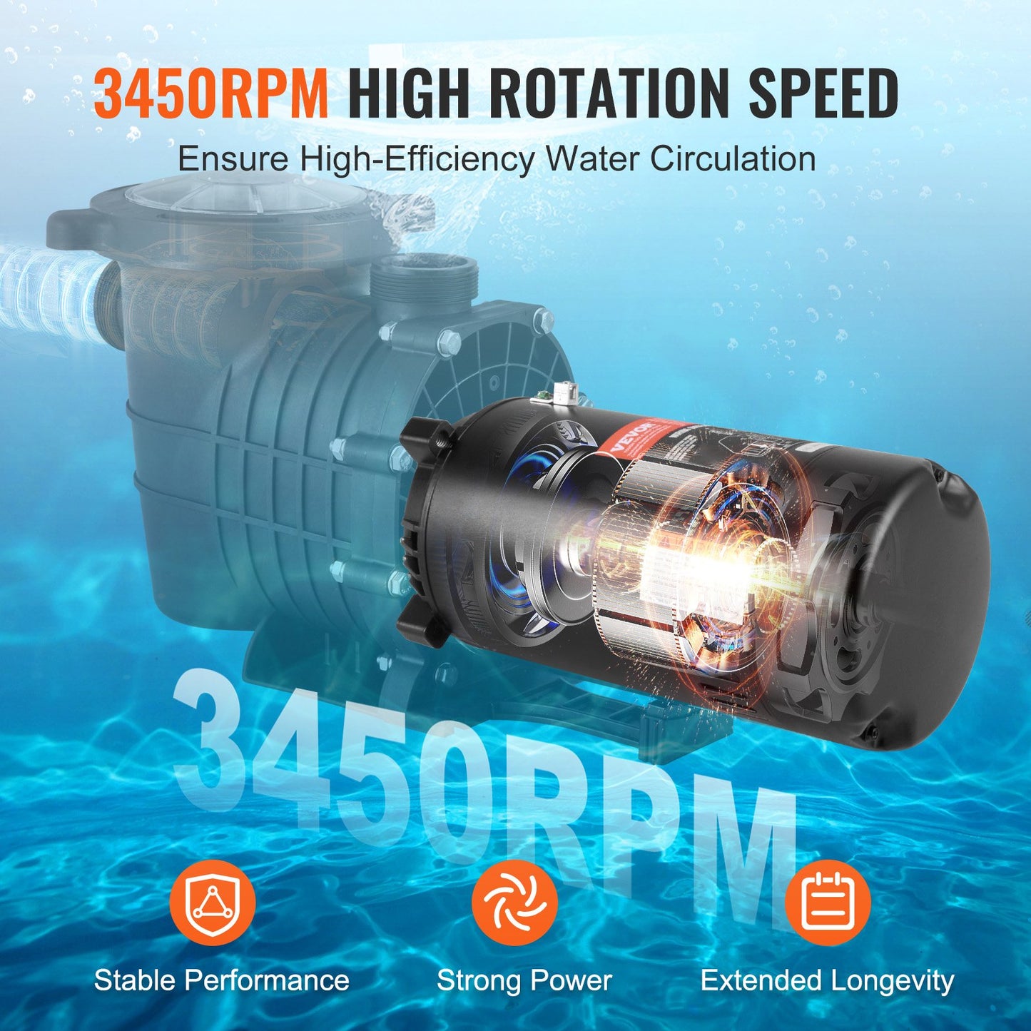1.5 HP Pool Pump Motor, 56J Frame, 115V(13.6 Amps)/230V(6.8 Amps) 3450 RPM, 60Hz, 1.3 Service Factor, 90μF/250V Capacitor, CCW Rotation Round Flange Replacement Motor