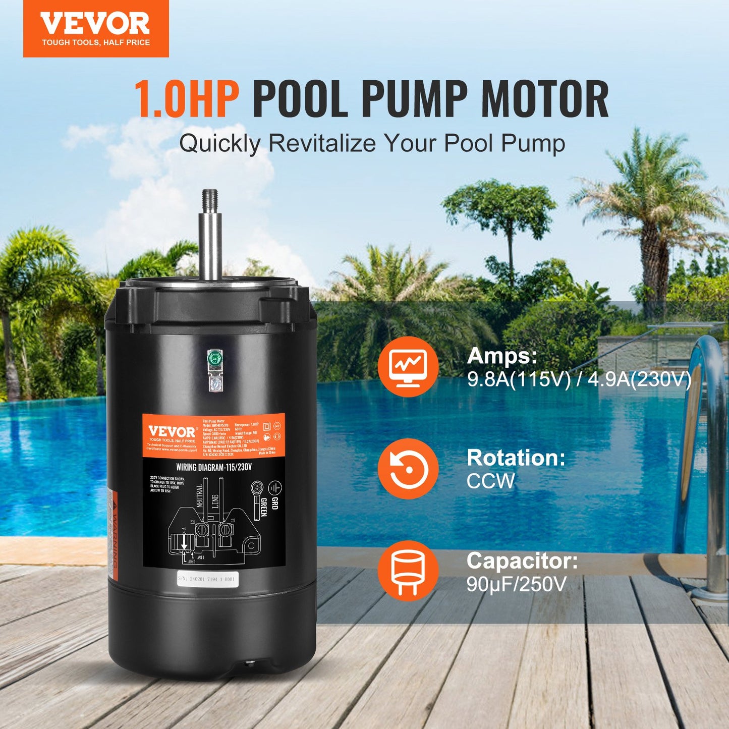 1 HP Pool Pump Motor, 56J Frame, 115V(9.8 Amps)/230V(4.9 Amps) 3450 RPM, 60Hz, 1.4 Service Factor, 90μF/250V Capacitor, CCW Rotation Round Flange Replacement Motor