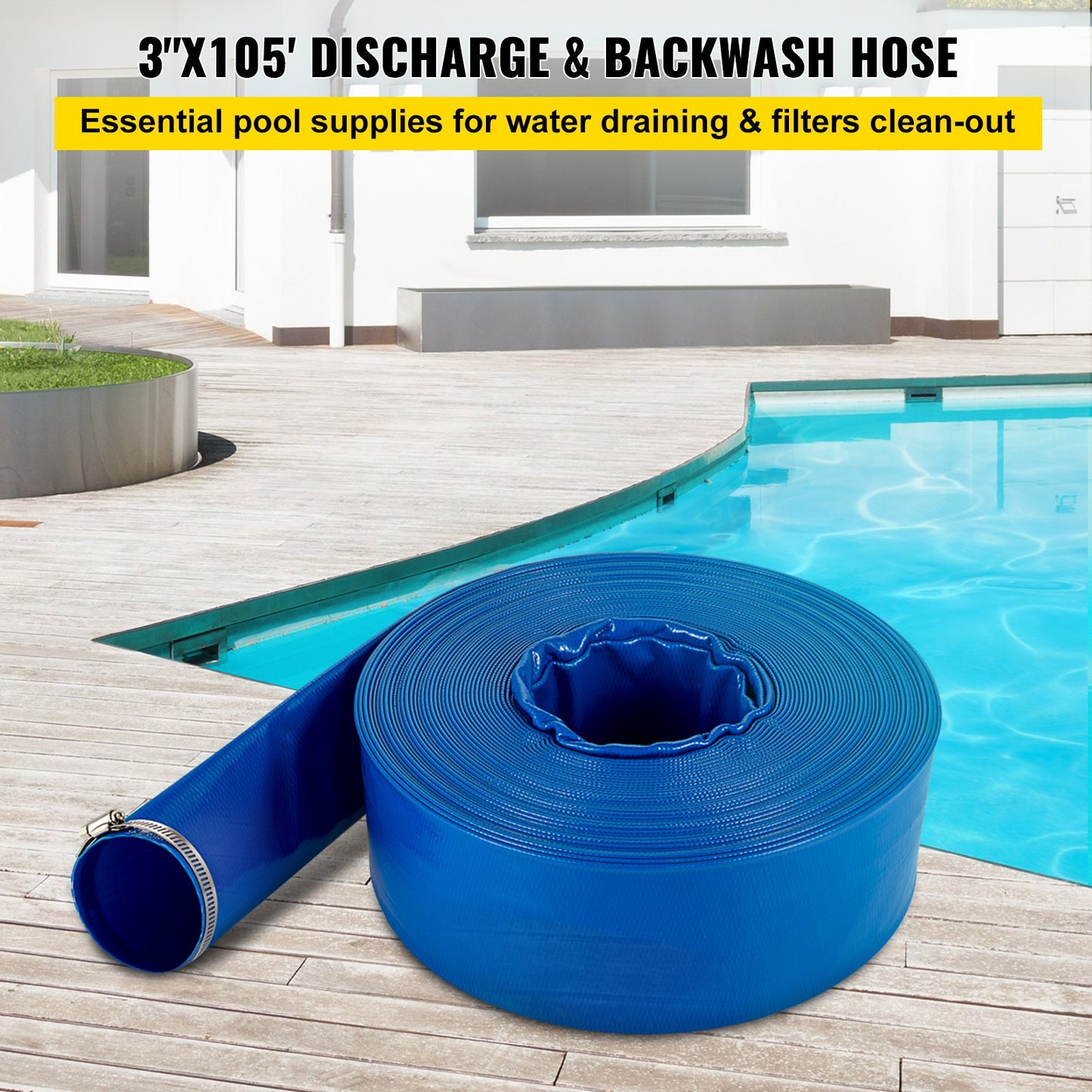 Discharge Hose, 3\" x 105\', PVC Lay Flat Hose, Heavy Duty Backwash Drain Hose with Clamps, Weather-proof & Burst-proof, Ideal for Swimming Pool & Water Transfer, Blue
