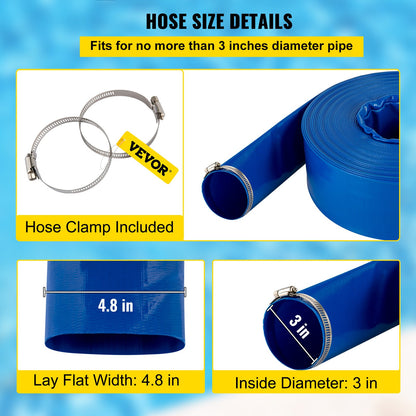 Discharge Hose, 3\" x 105\', PVC Lay Flat Hose, Heavy Duty Backwash Drain Hose with Clamps, Weather-proof & Burst-proof, Ideal for Swimming Pool & Water Transfer, Blue