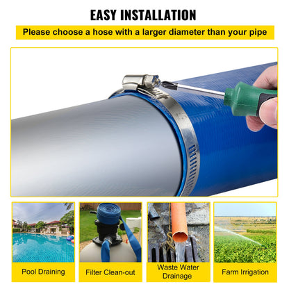 Discharge Hose, 3\" x 105\', PVC Lay Flat Hose, Heavy Duty Backwash Drain Hose with Clamps, Weather-proof & Burst-proof, Ideal for Swimming Pool & Water Transfer, Blue
