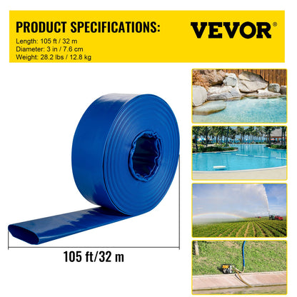 Discharge Hose, 3\" x 105\', PVC Lay Flat Hose, Heavy Duty Backwash Drain Hose with Clamps, Weather-proof & Burst-proof, Ideal for Swimming Pool & Water Transfer, Blue