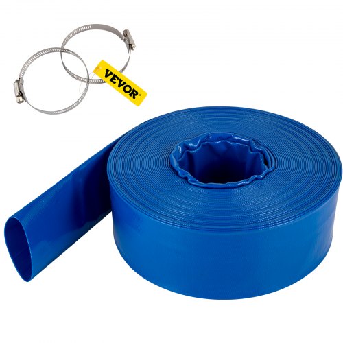 Discharge Hose, 3.81 x 3200.4 cm, PVC Fabric Lay Flat Hose, Heavy Duty Backwash Drain Hose with Clamps, Weather-proof & Burst-proof, Ideal for Swimming Pool & Water Transfer, Blue