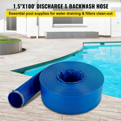Discharge Hose, 3.81 x 3200.4 cm, PVC Fabric Lay Flat Hose, Heavy Duty Backwash Drain Hose with Clamps, Weather-proof & Burst-proof, Ideal for Swimming Pool & Water Transfer, Blue
