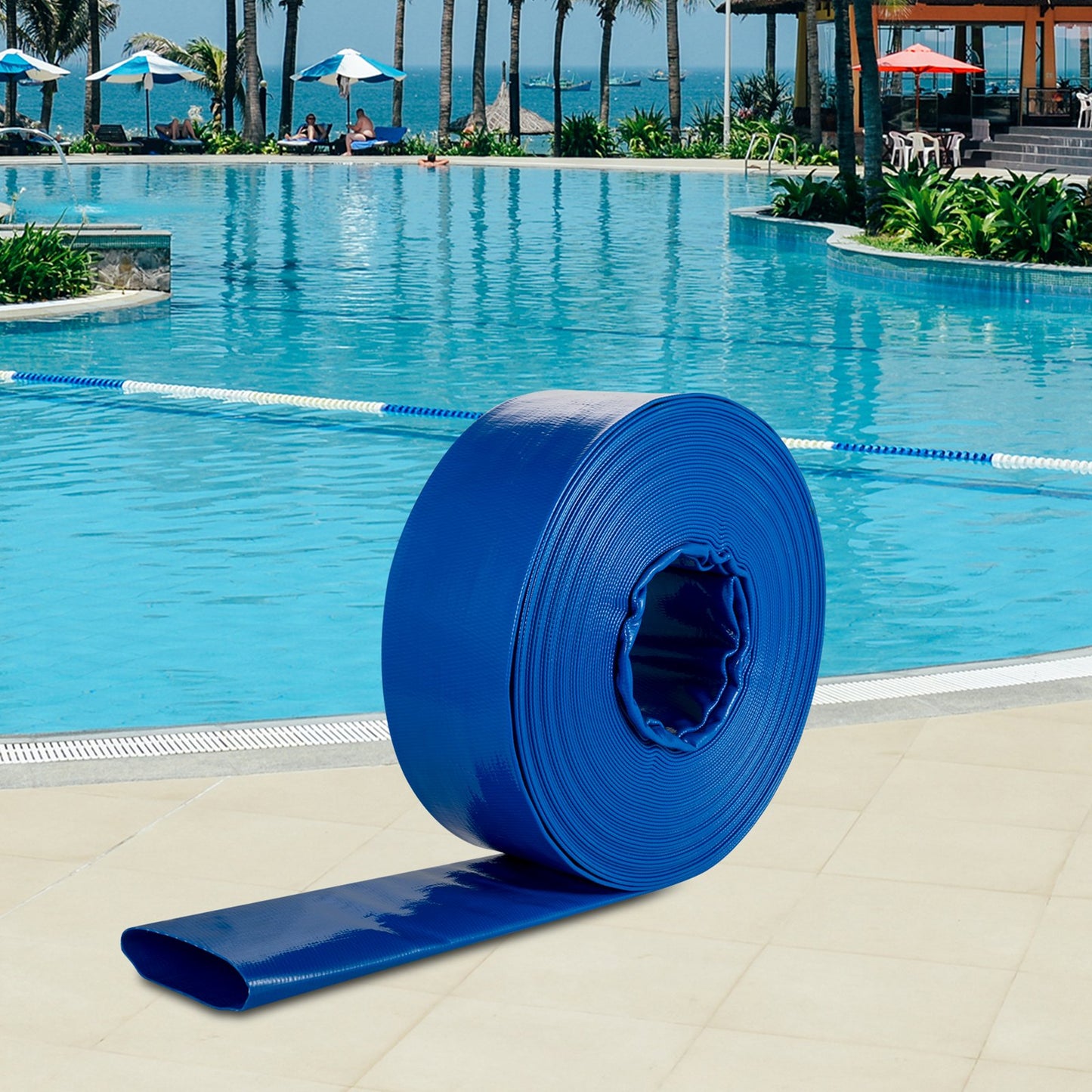 Discharge Hose, 3.81 x 3200.4 cm, PVC Fabric Lay Flat Hose, Heavy Duty Backwash Drain Hose with Clamps, Weather-proof & Burst-proof, Ideal for Swimming Pool & Water Transfer, Blue