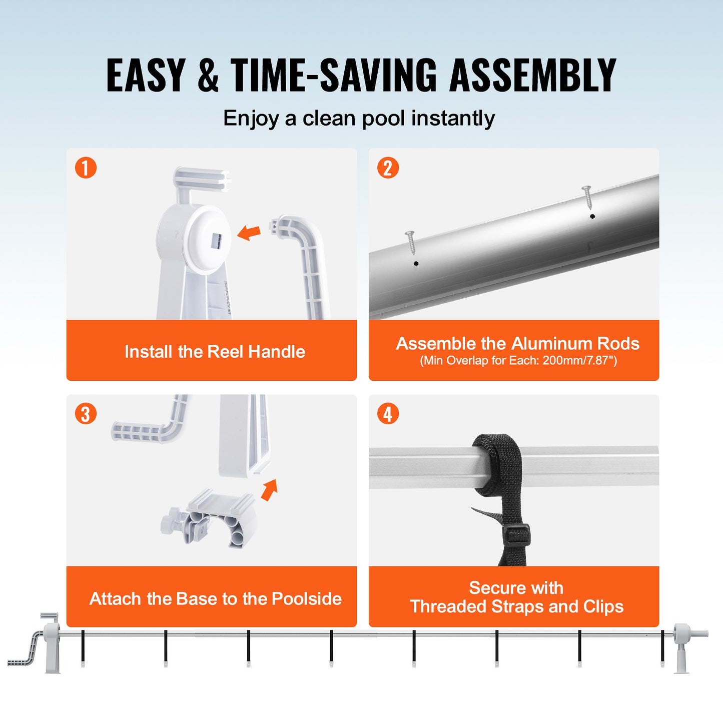 Pooltäckningsrulle, solcellsskydd i aluminium 20 fot, set med ovanmarkspooltäckningsrullar, passar för pooler med en bredd på 3-20 fot