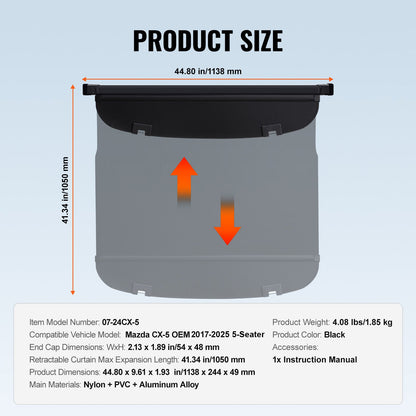 Infällbart lastskydd för Mazda, uppgraderat vattentätt bagageskydd säkerhetsskydd för Mazda CX-5 2017-2025 5-sits, UV-resistent bagagerumsskydd bak, aluminiumlegering och PVC-lädertextur