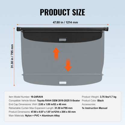 Infällbart lastskydd för Toyota, uppgraderat vattentätt bagageskydd säkerhetsskydd för Toyota RAV4 2019-2025 5-sits, UV-resistent bagagerumsskydd bak, aluminiumlegering och PVC-lädertextur