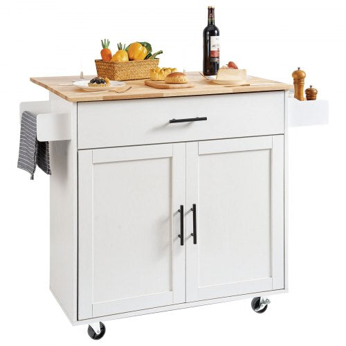 Kitchen Island Cart with Solid Wood Top, 90 cm Width Mobile Carts with Storage Cabinet, Rolling Kitchen Table with Spice Rack, Towel Rack, Drop Leaf and Drawer, Portable Islands on Wheels, White