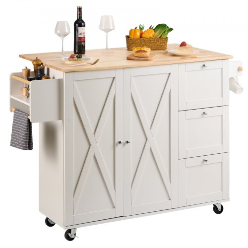 Kitchen Island Cart with Solid Wood Top, 115 cm Width Mobile Carts with Storage Cabinet, Rolling Kitchen Table with Spice Rack, Towel Rack, Drop Leaf and Drawer, Portable Islands on Wheels, White