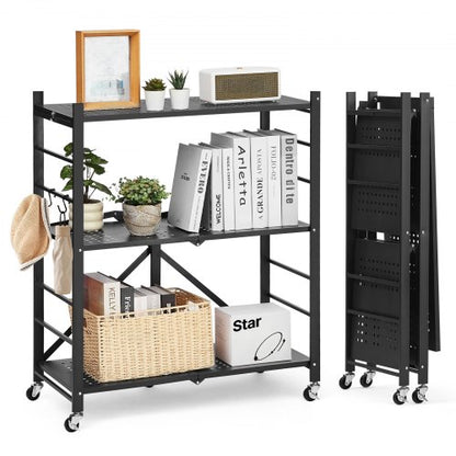 3-Tier Foldable Storage Shelf, 30W x 13D x 36H Inch Folding Metal Rack Shelving Unit, No Assembly Organizer Shelf with 5 Wheels & 4 Hooks for Pantry, Kitchen, Garage, Basement, Black