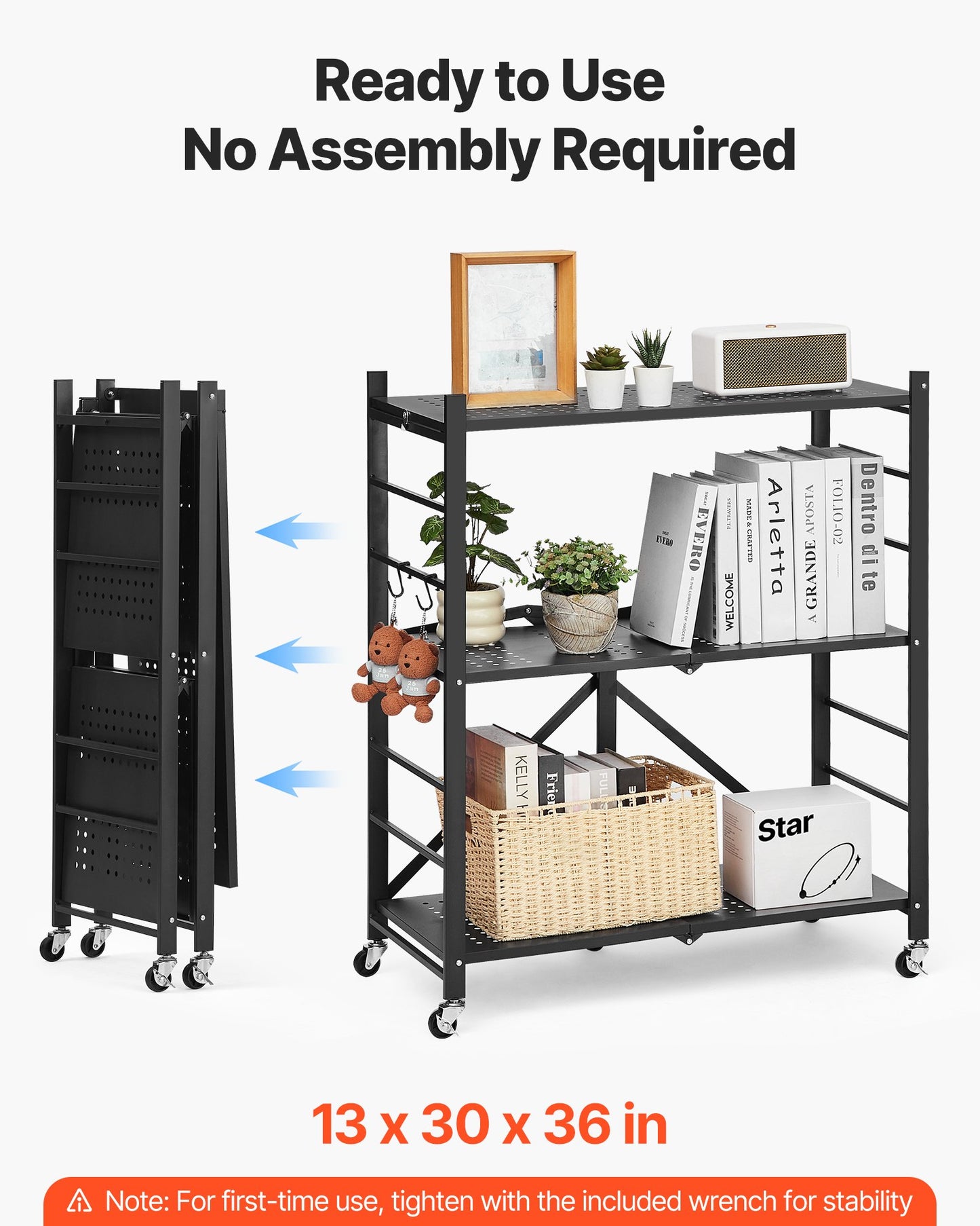 3-Tier Foldable Storage Shelf, 30W x 13D x 36H Inch Folding Metal Rack Shelving Unit, No Assembly Organizer Shelf with 5 Wheels & 4 Hooks for Pantry, Kitchen, Garage, Basement, Black