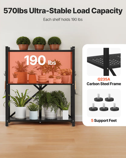 3-Tier Foldable Storage Shelf, 30W x 13D x 36H Inch Folding Metal Rack Shelving Unit, No Assembly Organizer Shelf with 5 Wheels & 4 Hooks for Pantry, Kitchen, Garage, Basement, Black