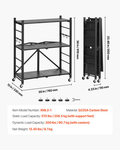 3-Tier Foldable Storage Shelf, 30W x 13D x 36H Inch Folding Metal Rack Shelving Unit, No Assembly Organizer Shelf with 5 Wheels & 4 Hooks for Pantry, Kitchen, Garage, Basement, Black