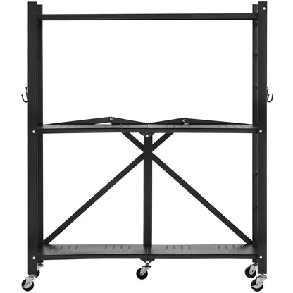 3-Tier Foldable Storage Shelf, 30W x 13D x 36H Inch Folding Metal Rack Shelving Unit, No Assembly Organizer Shelf with 5 Wheels & 4 Hooks for Pantry, Kitchen, Garage, Basement, Black