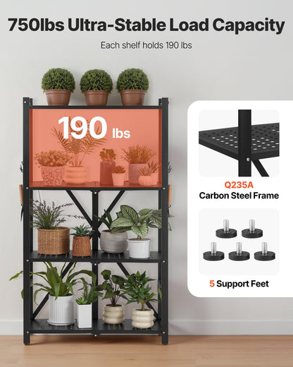 4-Tier Foldable Storage Shelf, 26W x 13D x 46H Inch Folding Metal Rack Shelving Unit, No Assembly Organizer Shelf with 5 Wheels & 4 Hooks for Pantry, Kitchen, Garage, Basement, Black