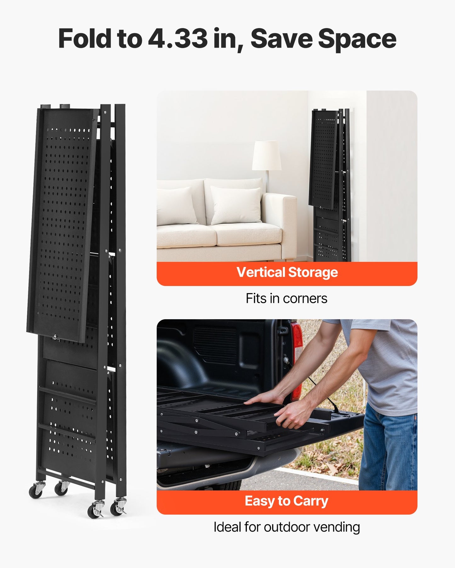 4-Tier Foldable Storage Shelf, 26W x 13D x 46H Inch Folding Metal Rack Shelving Unit, No Assembly Organizer Shelf with 5 Wheels & 4 Hooks for Pantry, Kitchen, Garage, Basement, Black