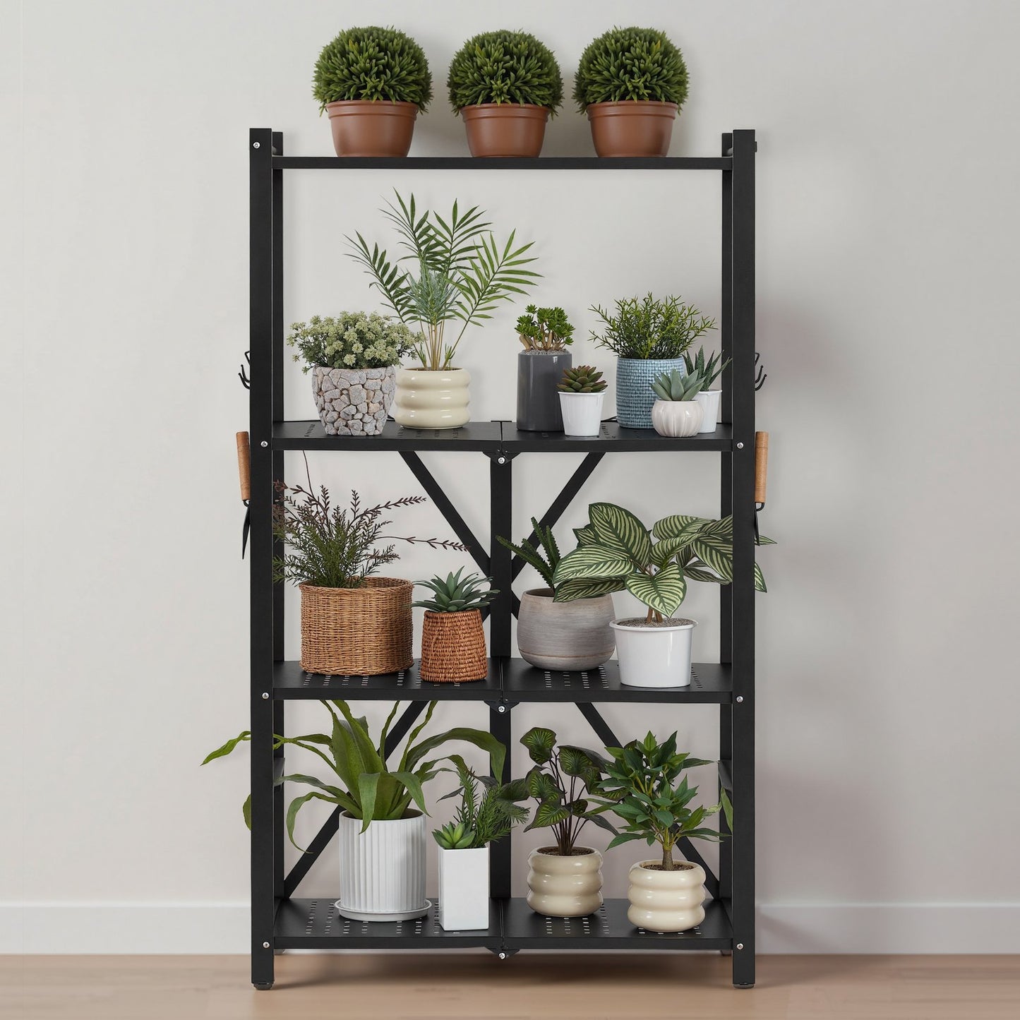 4-Tier Foldable Storage Shelf, 26W x 13D x 46H Inch Folding Metal Rack Shelving Unit, No Assembly Organizer Shelf with 5 Wheels & 4 Hooks for Pantry, Kitchen, Garage, Basement, Black