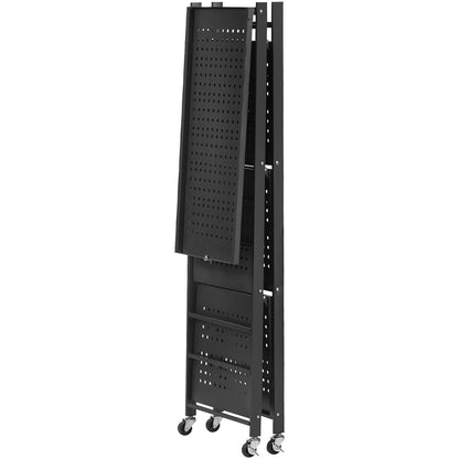 4-Tier Foldable Storage Shelf, 26W x 13D x 46H Inch Folding Metal Rack Shelving Unit, No Assembly Organizer Shelf with 5 Wheels & 4 Hooks for Pantry, Kitchen, Garage, Basement, Black