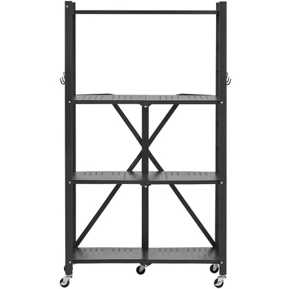 4-Tier Foldable Storage Shelf, 26W x 13D x 46H Inch Folding Metal Rack Shelving Unit, No Assembly Organizer Shelf with 5 Wheels & 4 Hooks for Pantry, Kitchen, Garage, Basement, Black