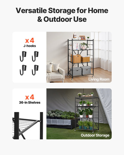 4-Tier Foldable Storage Shelf, 36W x 21D x 60H Inch Folding Metal Rack Shelving Unit, No Assembly Organizer Shelf with 5 Wheels & 4 Hooks for Pantry, Kitchen, Garage, Basement, Black