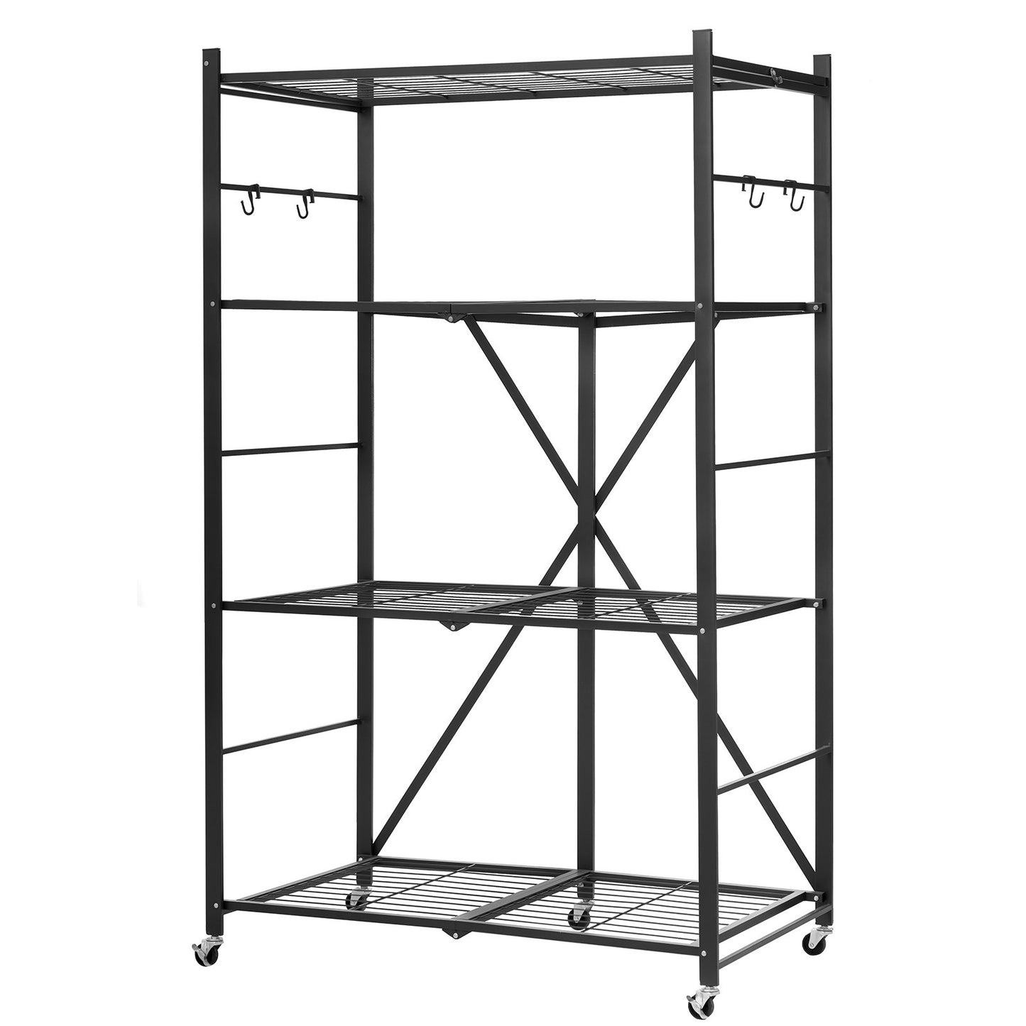 4-Tier Foldable Storage Shelf, 36W x 21D x 60H Inch Folding Metal Rack Shelving Unit, No Assembly Organizer Shelf with 5 Wheels & 4 Hooks for Pantry, Kitchen, Garage, Basement, Black