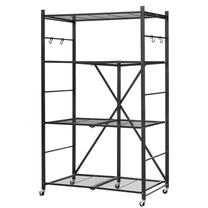 4-Tier Foldable Storage Shelf, 36W x 21D x 60H Inch Folding Metal Rack Shelving Unit, No Assembly Organizer Shelf with 5 Wheels & 4 Hooks for Pantry, Kitchen, Garage, Basement, Black