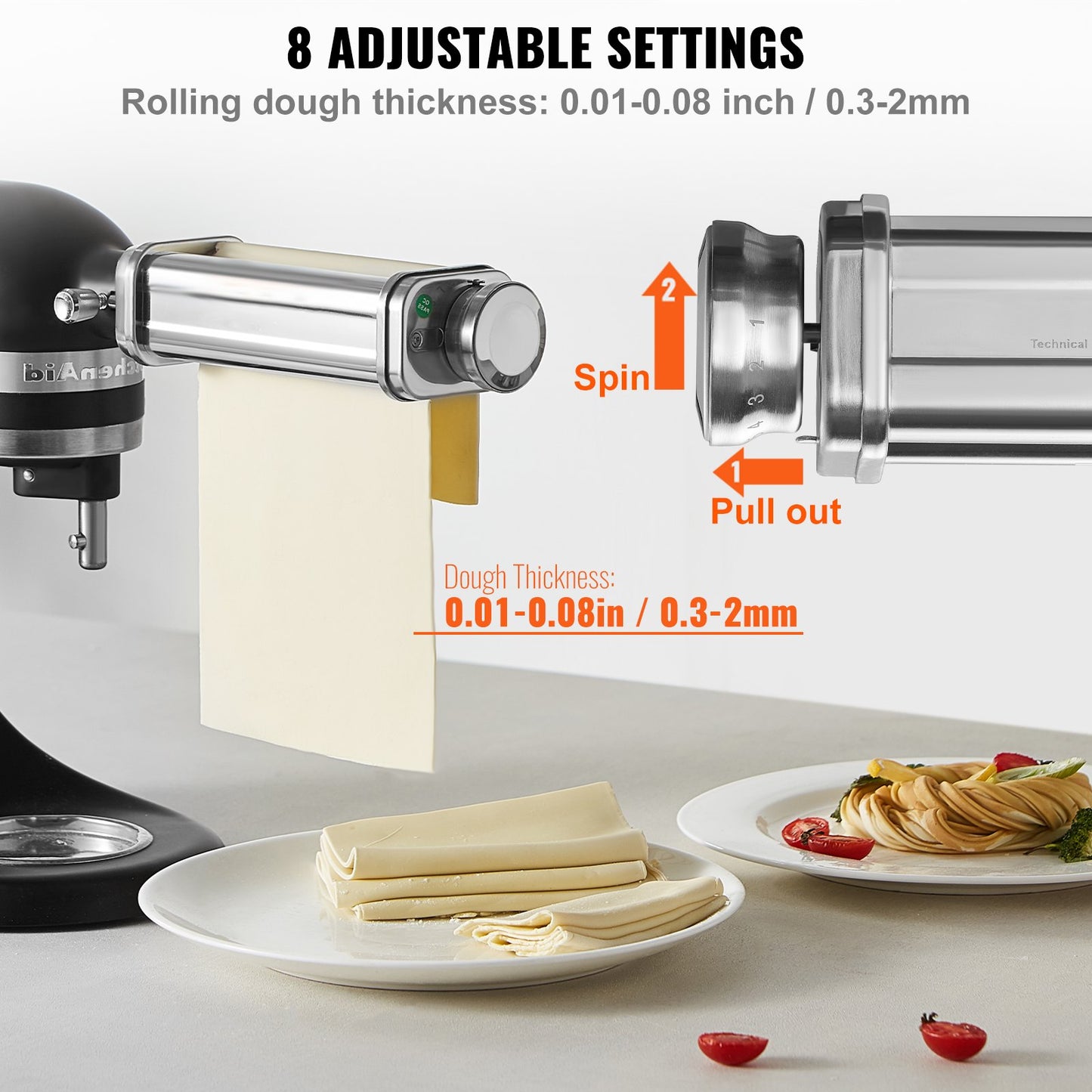 Pasta Attachment for KitchenAid Stand Mixer, Stainless Steel Pasta Sheet Roller Attachment, Pasta Maker Machine Accessory with 8 Adjustable Thickness Knob, KitchenAid Pasta Attachment by