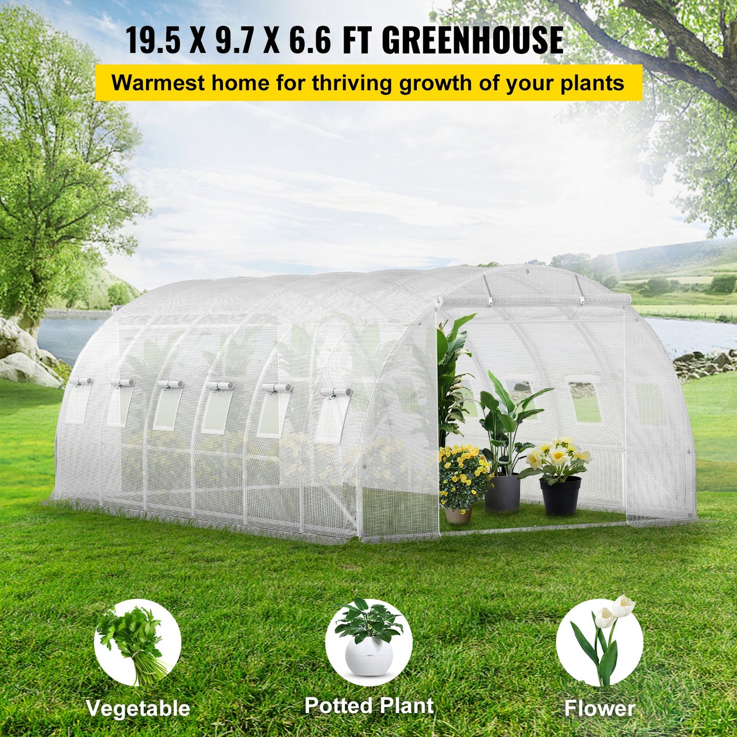 Walk-in Tunnel Greenhouse, 609.6 x 304.8 x 213.4 cm Portable Plant Hot House w/ Galvanized Steel Hoops, 3 Top Beams, 4 Diagonal Poles, 2 Zippered Doors & 12 Roll-up Windows, White