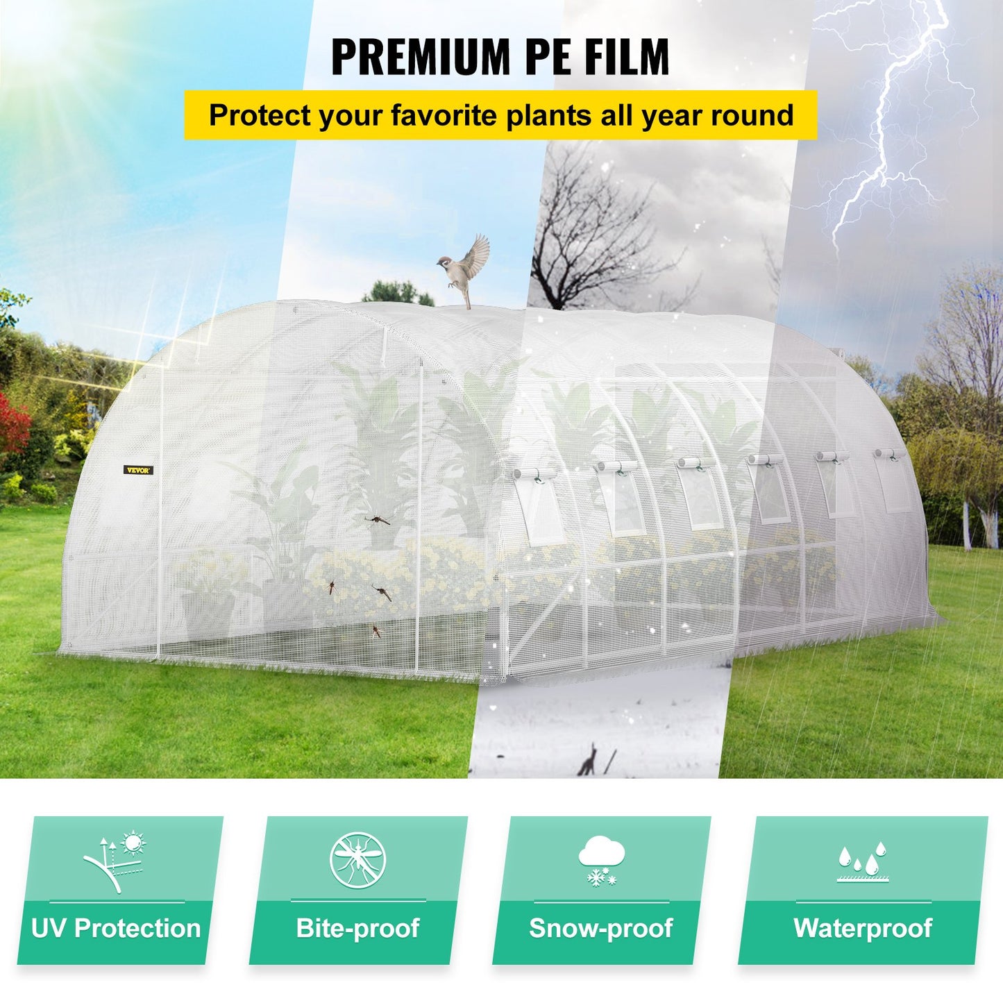 Walk-in Tunnel Greenhouse, 609.6 x 304.8 x 213.4 cm Portable Plant Hot House w/ Galvanized Steel Hoops, 3 Top Beams, 4 Diagonal Poles, 2 Zippered Doors & 12 Roll-up Windows, White